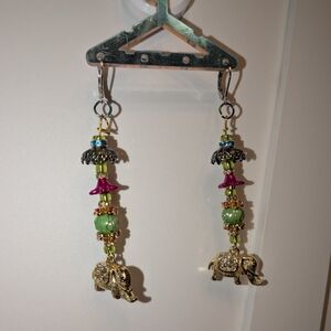 Gold and Green Elephant Dangle Earrings